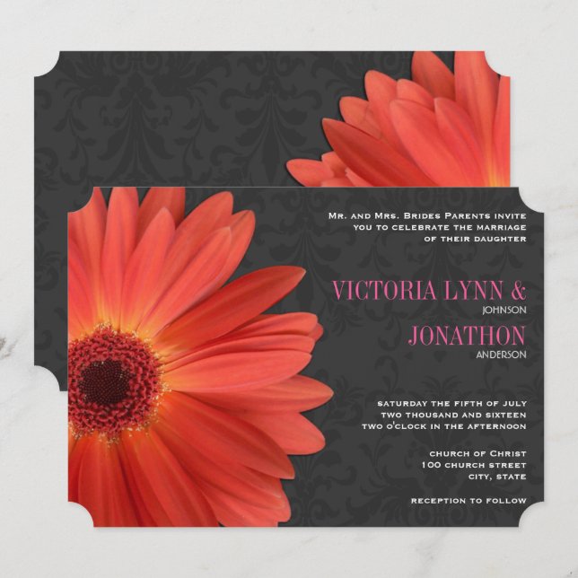 Die Cut Pink Orange Gerber Daisy Wedding Einladung (Vorne/Hinten)