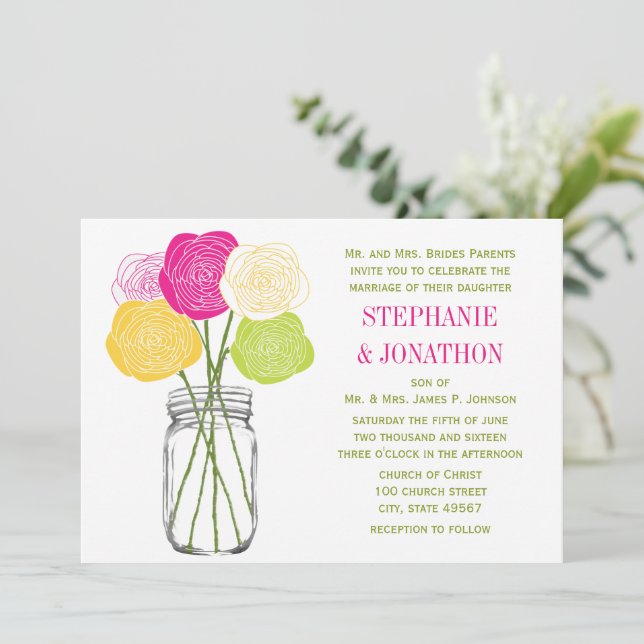 Die Cut Ranunculus Rose Limon Pink Yellow Mason Ja Einladung (Stehend Vorderseite)