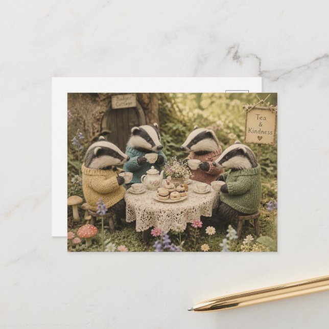 Die Dachs-Teeparty Postkarte (Vorderseite/Rückseite Beispiel)