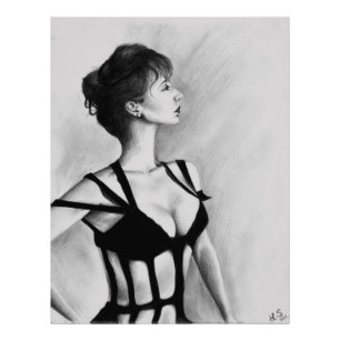 Die Dame Frau Porträt Schwarzes Kleid Zeichnung Ku Fotodruck