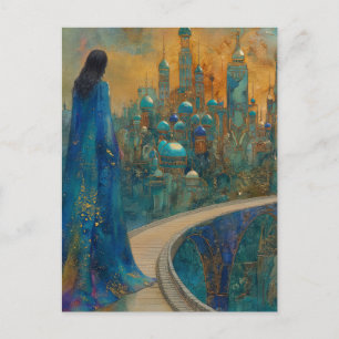 Die Dame in der Stadt in elegantem Blau gekleidet Postkarte
