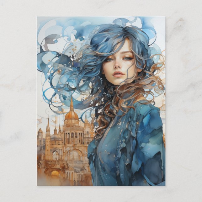 Die Dame in der Stadt mit blauer Haare Postkarte (Vorderseite)