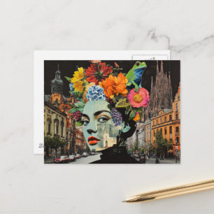 Die Dame in einer Collage aus Blumen Gebäuden Frös Postkarte