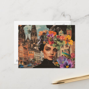 Die Dame in einer Stadt Collage Blumen Frösche Vög Postkarte