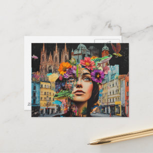 Die Dame in einer Stadt Collage Blumen Frösche Vög Postkarte