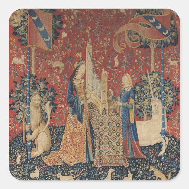 Die Dame und das Einhorn: "Hören" Quadratischer Aufkleber (Vorderseite)