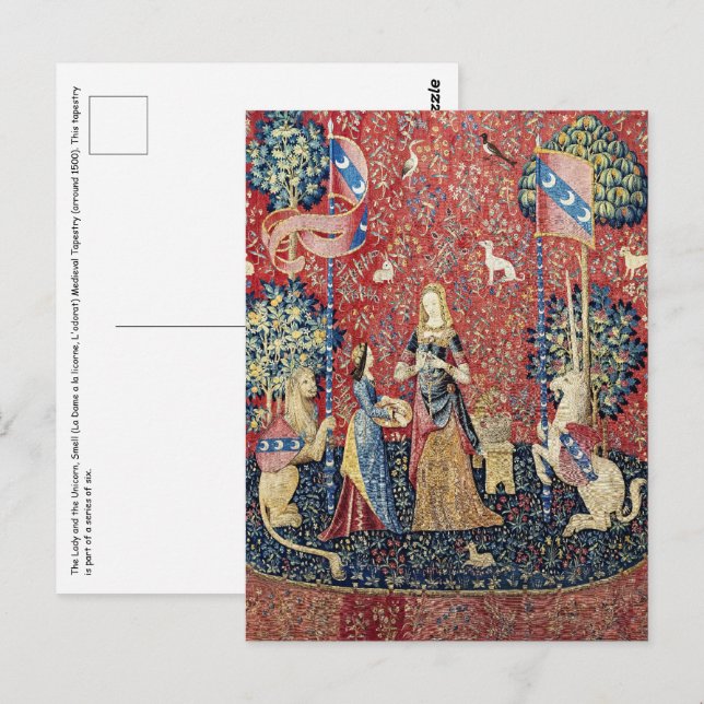 Die Dame und das Einhorn, riechen Postkarte (Vorne/Hinten)