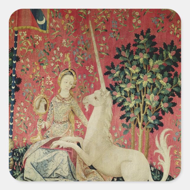Die Dame und das Einhorn: "Sight" Quadratischer Aufkleber (Vorderseite)