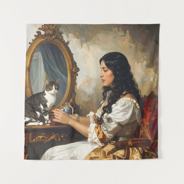 Die Dame und ihre Katze - ein zeitloser Viktoriani Wandteppich (Vorderseite)