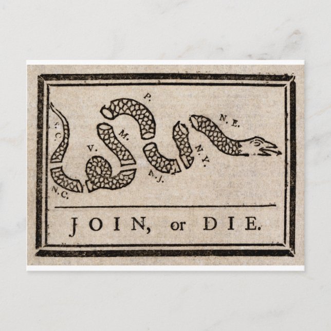 Die des politischen Cartoon von Benjamin Franklin Postkarte (Vorderseite)