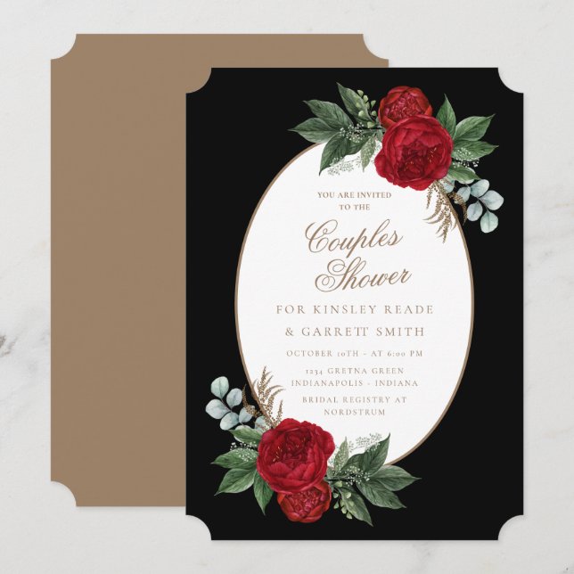 Die Dusche des eleganten Black & Gold Red Floral C Einladung (Vorne/Hinten)