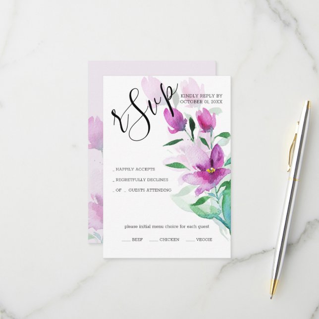 Die Einzigartigkeit der violett-rosa Aquarellkunst RSVP Karte (Vorderseite/Rückseite Beispiel)