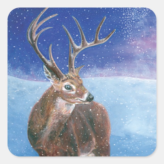 Die elaphische Rote Hirsche und die Winterlandscha Quadratischer Aufkleber (Vorderseite)