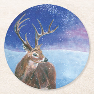 Die elaphische Rote Hirsche und die Winterlandscha Runder Pappuntersetzer