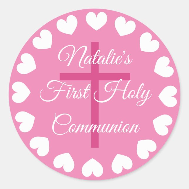 Die erste heilige Kommunion der rosa religiösen Kr Runder Aufkleber (Vorderseite)