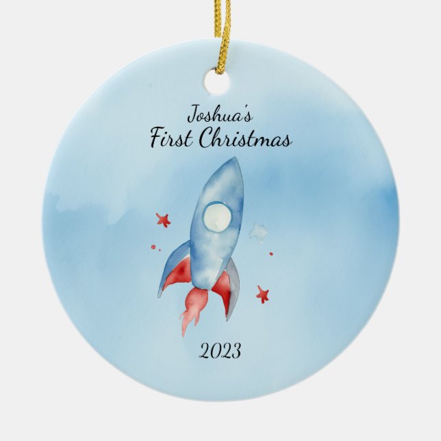 "Die erste Weihnachtsrakete des Kindes Personalisi Keramik Ornament (Vorne)