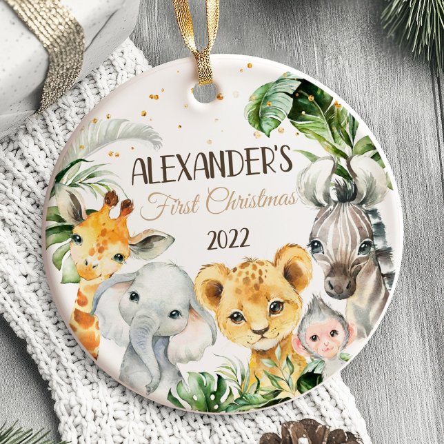 Die ersten Safari-Tiere des Babys zu Weihnachten Keramik Ornament (Baby's First Christmas Ornament Safari animals)