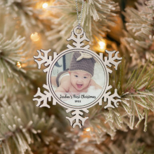 Die ersten Weihnachten des Kindes Schneeflocken Zinn-Ornament