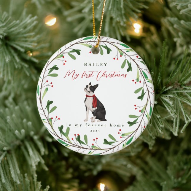 Die ersten Weihnachten des süßen Hundes mit Namen  Keramik Ornament (Baum)
