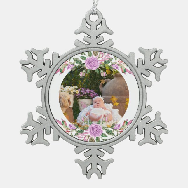 Die ersten Weihnachtsfeiern mit Blume Schneeflocken Zinn-Ornament (Vorderseite)