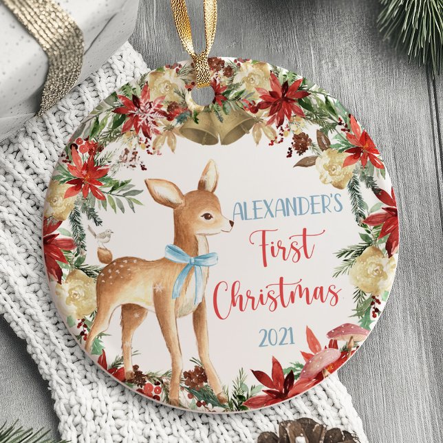 Die ersten Weihnachtsschmuck-Tiere des Babys Keramik Ornament (Deer woodland Baby's Boy First Christmas Ornament)