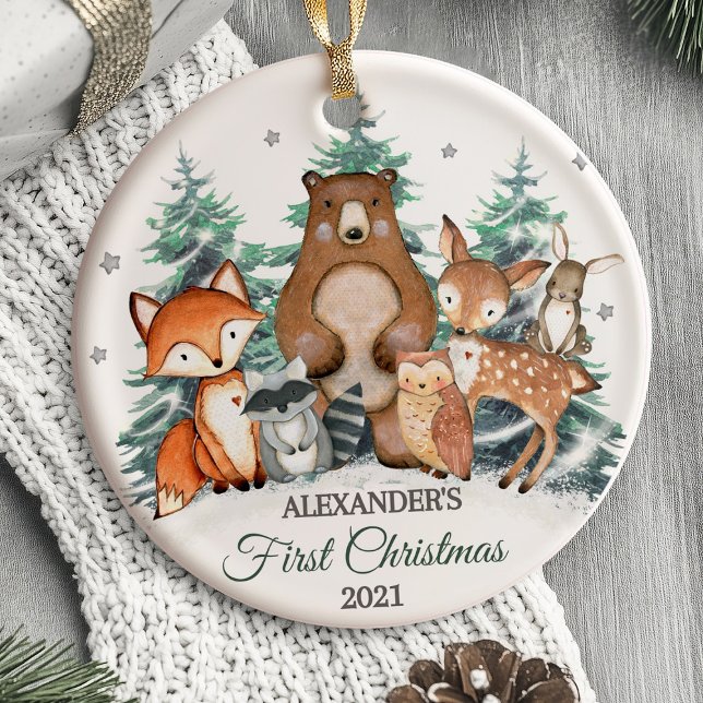 Die ersten Weihnachtsschmuck-Tiere des Babys Keramik Ornament (Baby's First Christmas Ornament woodlan forest animal)