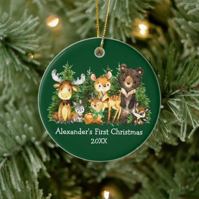 Die ersten Weihnachtstiere des Babys, Hirsche Grün Keramik Ornament (Baum)