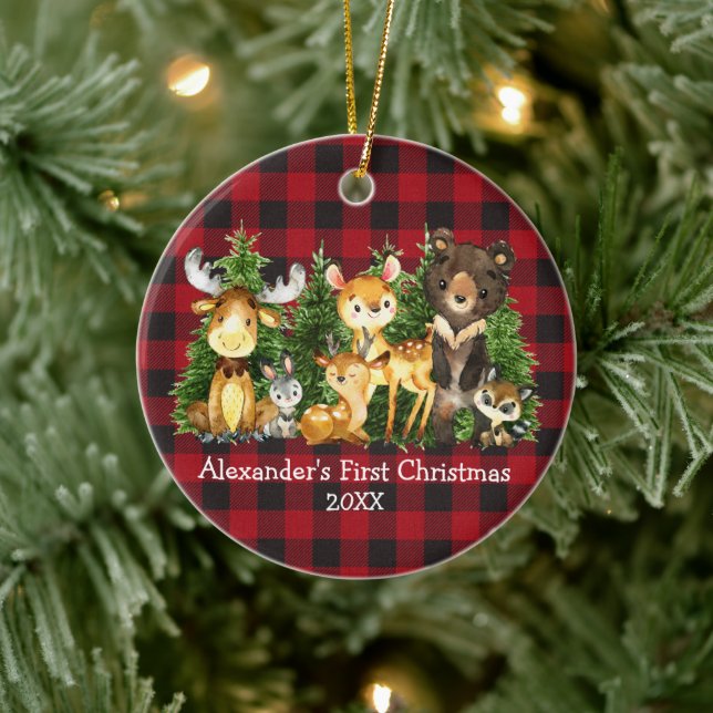 Die ersten Weihnachtstiere des Kindes Kariert Keramik Ornament (Baum)