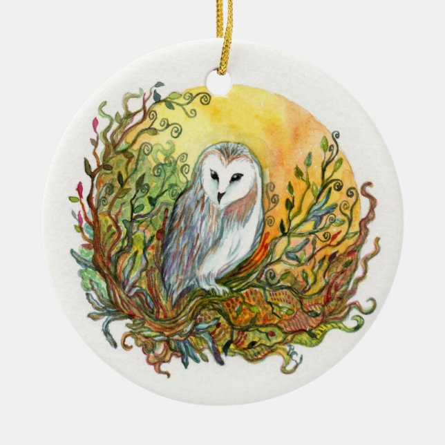 Die Eule und der Mond Keramik Ornament (Vorne)