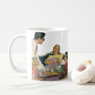 Die Familie Retro serviert Mama Frühstück im Bett Kaffeetasse
