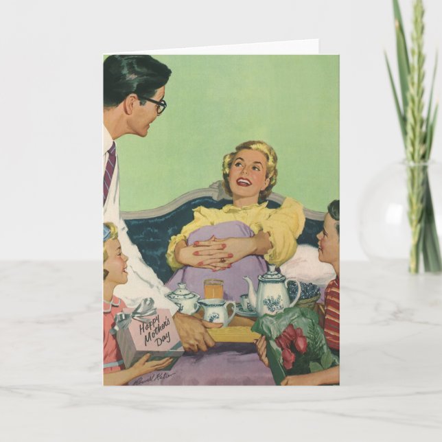Die Familie Retro serviert Mama Frühstück im Bett Karte (Vorderseite)