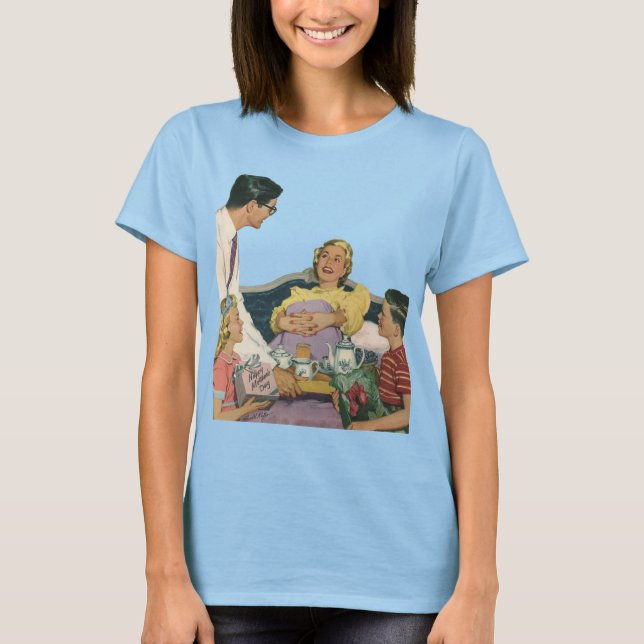 Die Familie Retro serviert Mama Frühstück im Bett T-Shirt (Vorderseite)