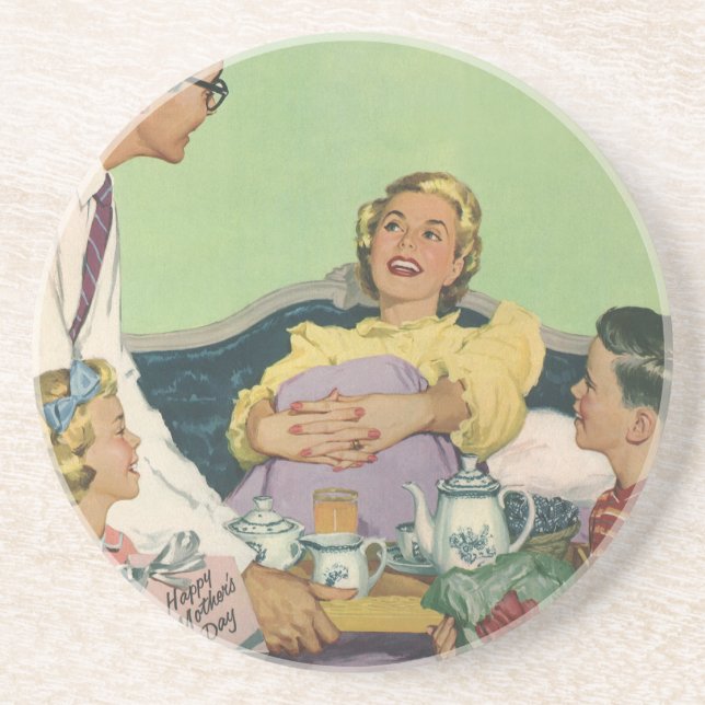 Die Familie Retro serviert Mama Frühstück im Bett Untersetzer (Vorne)