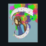 Die Farbe der Musik Postkarte<br><div class="desc">Gute Musik zu hören kann jeden Tag aufheitern. Dies ist ein digitales zeichn eines MusikMädchens,  umgeben von musikalischen Noten und hellen Farben. Personalisieren Sie dieses Design mit Ihrem eigenen Text oder Bildern,  indem Sie auf den Button "Anpassen" klicken.</div>