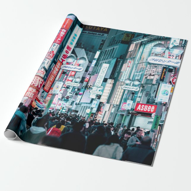 Die farbenfrohe Stadt Tokio Japan am Nachtplakat Geschenkpapier (Ungerollt)