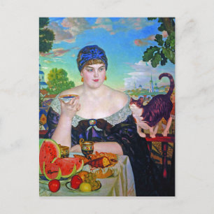 Die Frau des Kaufmanns & Katze von Boris Kustodiev Postkarte