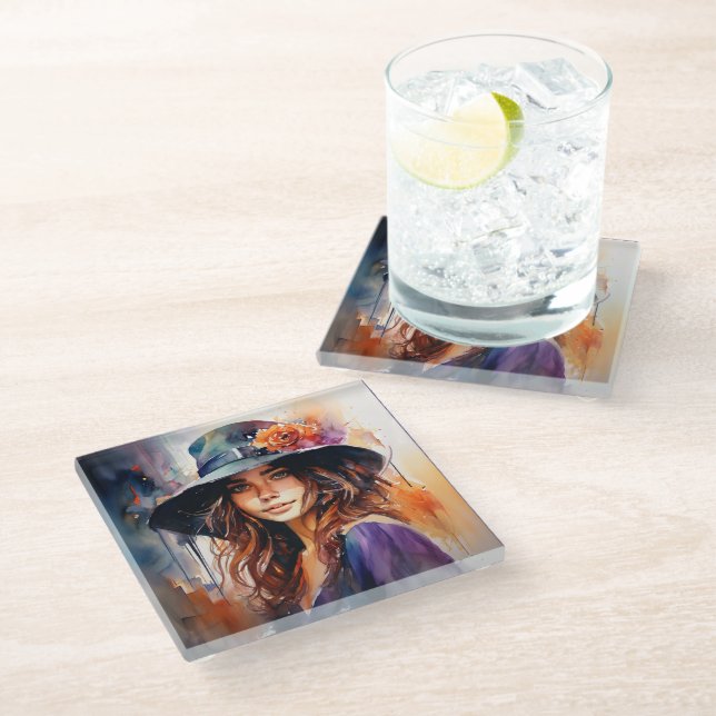 Die Frau im Hut: Portrait der lebendigen Gnade Glasuntersetzer (Schrägansicht)