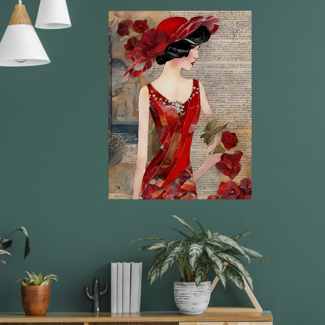 Die Frau in einem roten Kleid Collage Poster (Wohnzimmer 1)