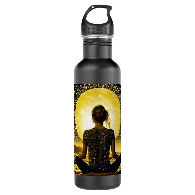 Die Frau meditiert unter dem Vollmond Edelstahlflasche (Vorderseite)
