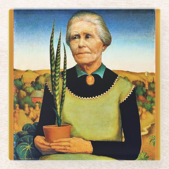 Die Frau mit Pflanze von Grant Woodm Glasuntersetzer (Vorderseite)