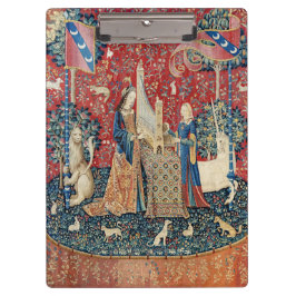 Die Frau und das Einhorn, hörend Klemmbrett