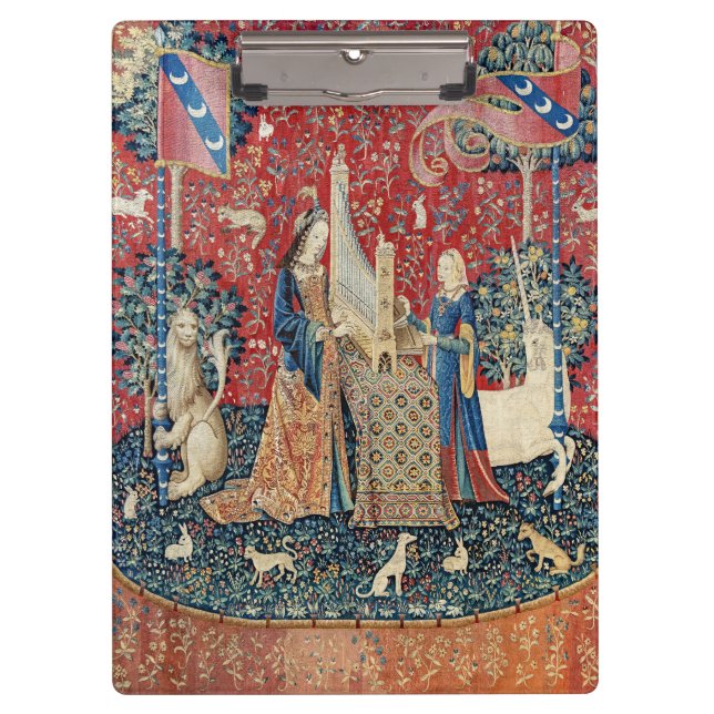 Die Frau und das Einhorn, hörend Klemmbrett (Vorderseite)
