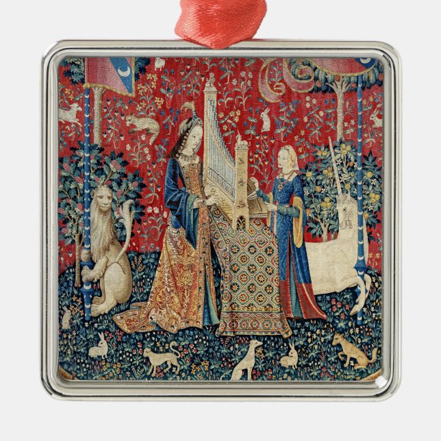 Die Frau und das Einhorn, hörend Ornament Aus Metall (Vorne)