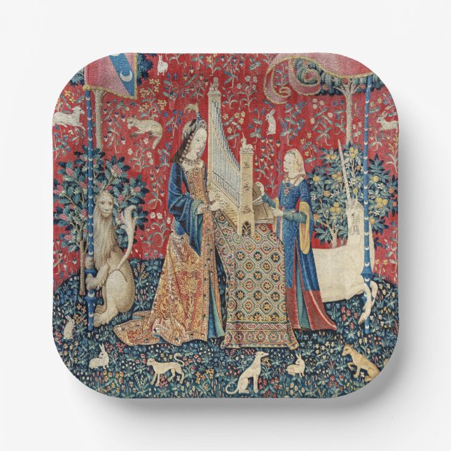 Die Frau und das Einhorn, hörend Pappteller (Vorderseite)