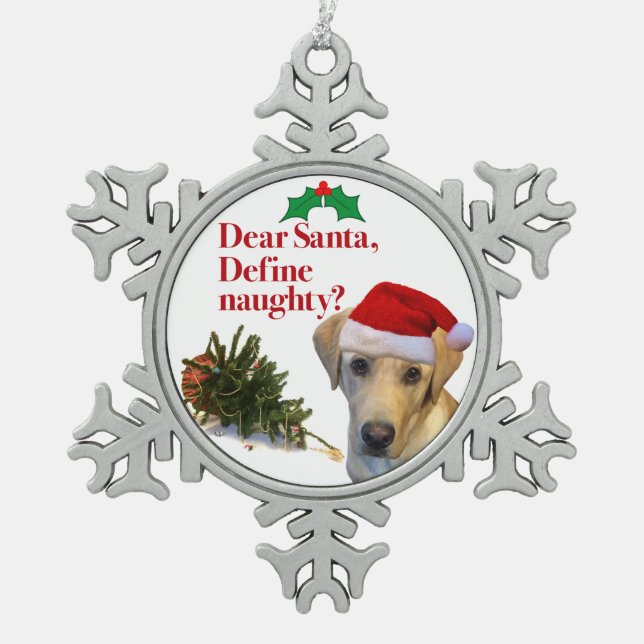 Die freche Labrador-Zinn-Verzierung Schneeflocken Zinn-Ornament (Vorderseite)