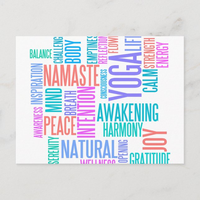 Die Freude am Yoga Elegant Pastellfarbene Word Clo Postkarte (Vorderseite)