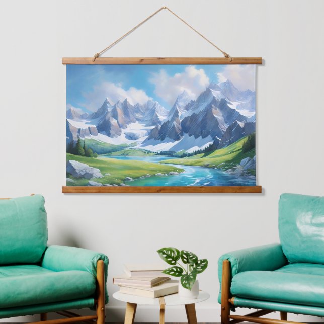 Die Friedliche Natur der Berge Wandteppich Mit Holzrahmen (Wohnzimmer)