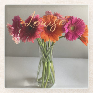 Die fröhliche Gerbera Blume + Individuelle Name Glasuntersetzer
