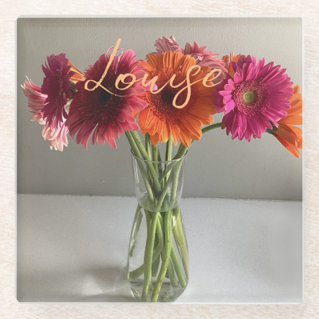 Die fröhliche Gerbera Blume + Individuelle Name Glasuntersetzer (Vorderseite)