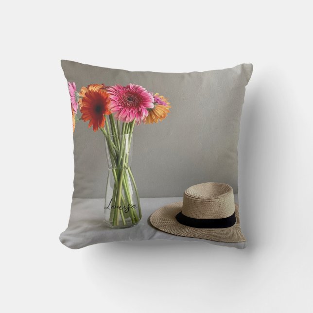 Die fröhliche Gerbera Blume + Individuelle Name Kissen (Vorderseite)